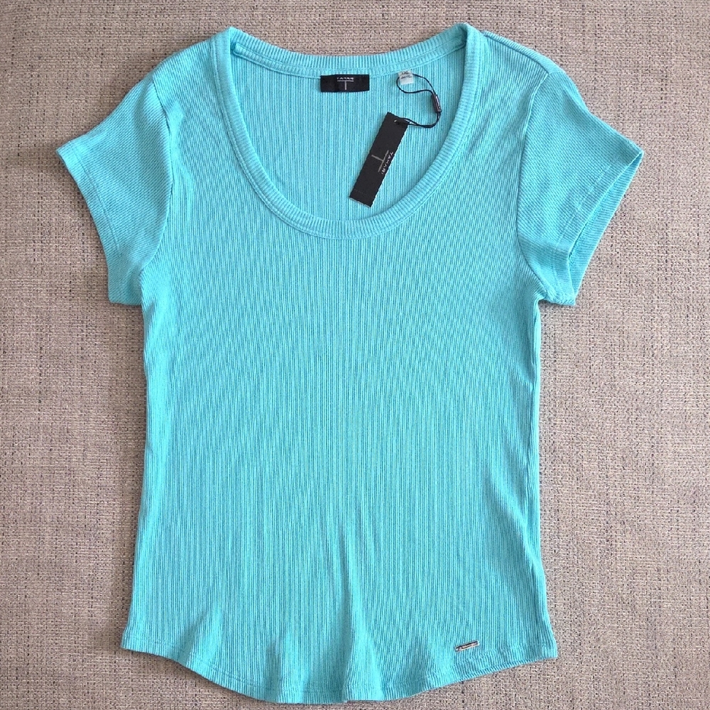 Tahari Aqua Ribbed Scoop Neck Short Sleeve Tee